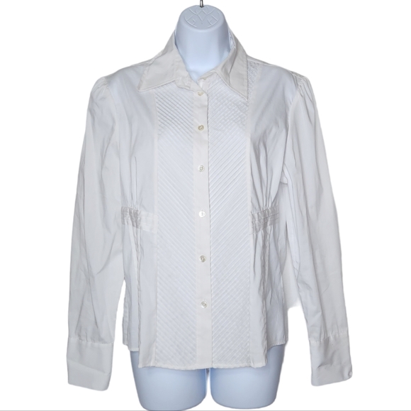 Samuel Dong Pleated Ruffle Button Up White Dressy Shirt Size Medium Women's - Picture 3 of 11